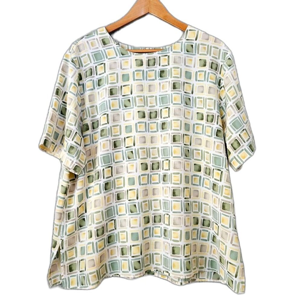 Vintage Notations Geometric Print Blouse 18W 2XL Short Sleeve Cream Yellow Top